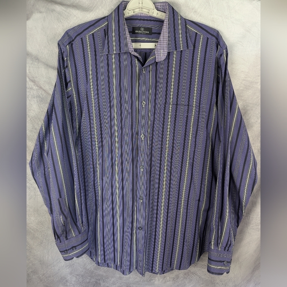 Bugatchi Uuomo Size XL Striped Purple/Green Button Down Shirt